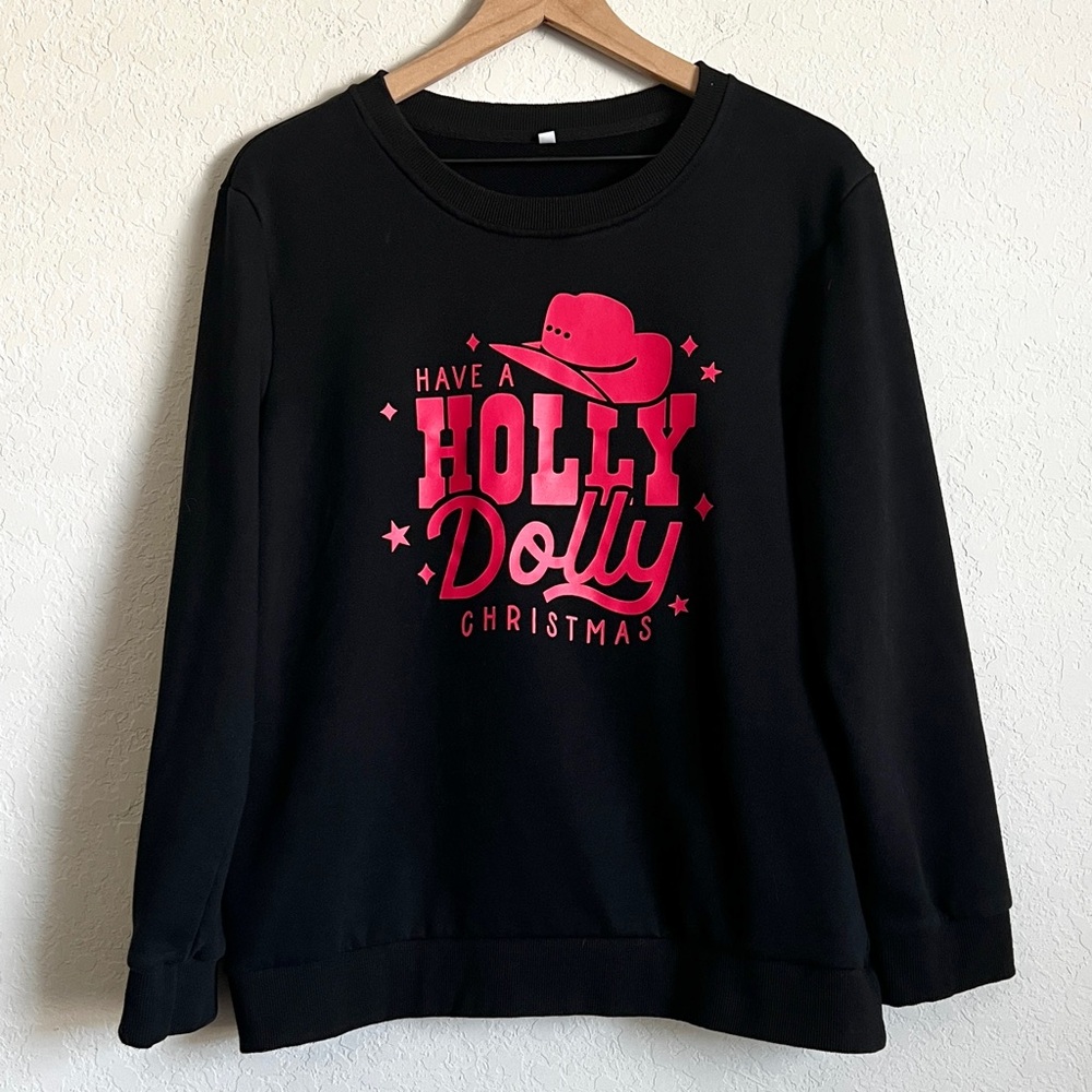 ‘Have a Holly Dolly Christmas' Sweatshirt Black & Red Crewneck Pullover XL